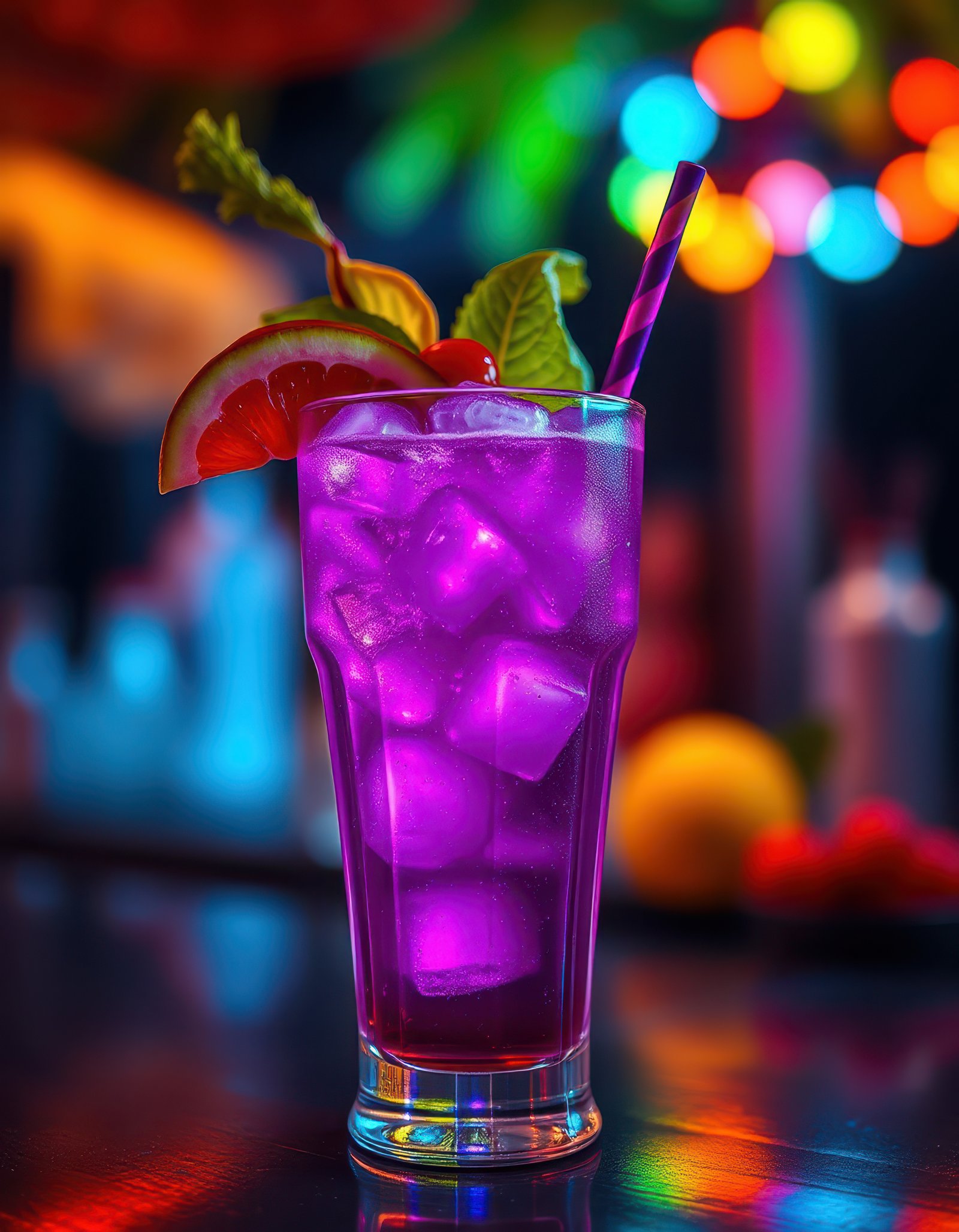 Colorful cocktail garnished with fruits and mint displayed at an illuminated bar during a vibrant evening